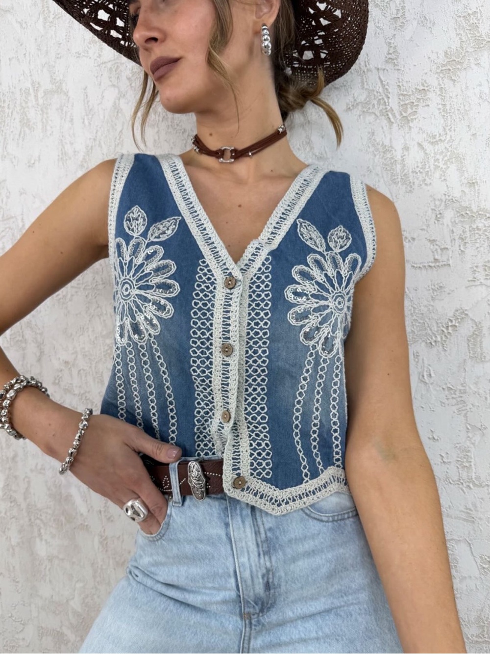 Embroidered Denim Blue Crochet-Trim Vest